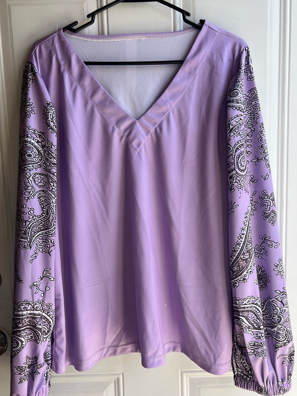 Lilac V-Neck Long Sleeve Top with Paisley Sleeves